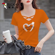啄木鳥(niǎo)95棉v領(lǐng)短袖t恤女2026新款夏裝大碼鏤空半袖印花體恤修身時(shí)尚上衣 6003#【疊層愛(ài)心】桔紅色 M 【100-110斤】