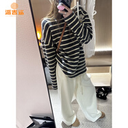 派吉鯊磨毛條紋長(cháng)袖t恤女秋冬新款內搭加厚毛衣打底衫上衣 條紋上衣 XL 建議115-130斤