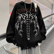 POUM美式高街流蘇毛衣男春秋冬季潮牌潮流圓領(lǐng)針織衫寬松休閑線衣外套 MCFS-C66黑色 XL （尺碼偏小，建議選大一碼）