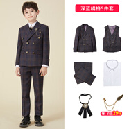 鼎瑪仕兒童西裝套裝花童禮服英倫風中大童男孩小西服主持人鋼琴表演出服 深藍橘格5件套:3件套＋襯衫領(lǐng)花 135碼 身高130-135cm 體重51-56