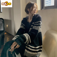 初徑2025時(shí)尚精品復(fù)古中長(zhǎng)款毛衣外套秋冬慵懶撞色條紋連帽針織開(kāi)衫女 黑色【洋氣精品版】 S 建議75-100斤