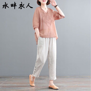 水畔衣人高檔棉麻亞麻套裝女中年媽媽洋氣夏裝2025夏季新款大碼休閑兩件套 桔色上衣+褲子 XL【建議136-155斤】