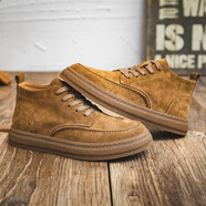 百狄（BYETIVE）馬丁男靴英倫復古男士工裝靴磨砂皮高幫板鞋男中幫皮鞋男 棕色(真皮) 38 皮鞋碼