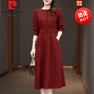 皮爾卡丹（pierre cardin）官方品牌 毛呢連衣裙女春秋裝2022年新款氣質(zhì)洋氣女士貴夫人配大i 酒紅 2XL