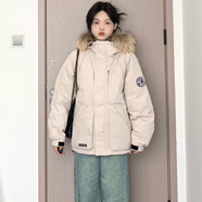 韻動犸冬季新款派克羽絨服女短款寬松加厚時尚收腰顯瘦冬裝派克服外套女 米白色+大毛領 S（80-110斤）