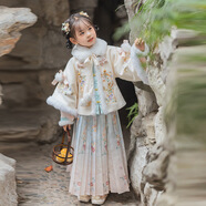 九能女童漢服秋冬款國風2025新古裝兒童馬面裙加絨加厚拜年服演出套裝 米色外套+中衣+馬面裙送毛領 120 cm