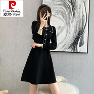 皮爾卡丹（pierre cardin）針織連衣裙2025春季新款ol風(fēng)淑女裝娃娃領(lǐng)收腰a字裙內(nèi)搭打底毛衣 黑色 S