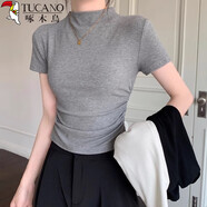 啄木鳥(niǎo)半高領(lǐng)短袖打底衫女夏季新款螺紋側邊褶皺修身顯瘦短款上衣 深灰色 M