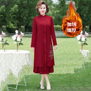 富夕喜婆婆婚宴裝加大碼旗袍兩件套裝連衣裙高貴新款秋冬媽媽結婚禮服 酒紅色兩件套（裙子加絨） 3XL 建議120-135斤