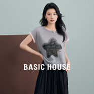 Basic House/百家好2025夏季新款撞色星星印花針織短袖T恤上衣 灰色 L 120-135斤