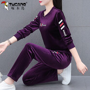 啄木鳥(niǎo)金絲絨運動(dòng)套裝女春秋2025新款衛衣女中年中年休閑洋氣減齡兩件套 紫色 M (80-95斤)