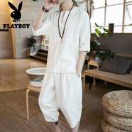 花花公子（PLAYBOY）中國(guó)風(fēng)男裝亞麻套裝男士短袖t恤休閑沙灘裝棉麻V領(lǐng)潮牌半袖 白色-A026-W18 L 推薦105至118斤