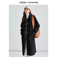 VEGA CHANG毛呢大衣女中長款2025冬新款愛心扣高級感外套 簡約黑 L