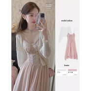 妍莉芬（yanlifen）吊帶連衣裙2024夏裝搭配一整套小香風(fēng)絕美奶fufu套裝女碎花裙子 粉色連衣裙 S