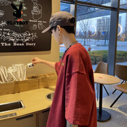 花花公子（PLAYBOY）260g重磅短袖t恤男2025夏季新款青少年半袖上衣寬松休閑體.恤潮牌 酒紅色 XL