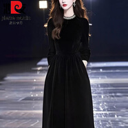 皮爾卡丹（pierre cardin）法式高級感黑色金絲絨連衣裙女秋冬季大尺碼顯瘦歐貨配大衣內搭裙 黑色【歐洲站別致連衣裙/洋氣減 L (105-115斤)