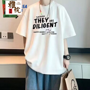 雅梡100%純棉重磅t恤男夏季新款五分袖t恤學(xué)生衣服百搭港風(fēng)潮牌男短袖 （單件裝）THEY 白色 2XL （建議135-150斤）