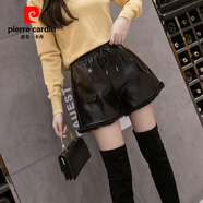 皮爾卡丹PU皮褲短褲女闊腿褲秋冬靴褲修身顯瘦真兔毛邊拼接加絨打底皮短褲 黑色兔毛加絨 XL 112-123斤