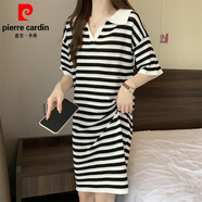 皮爾卡丹（pierre cardin）大碼復(fù)古條紋polo連衣裙女夏季微胖休閑裙子胖mm遮肚子顯瘦t恤裙 白條紋 3XL (建議160~180斤)