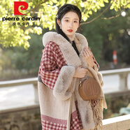 皮爾卡丹（pierre cardin）旗袍披肩斗篷女秋冬季保暖紅色格子外搭加絨加厚毛呢披風(fēng)穿搭大衣 紅色---【細格紋披肩】