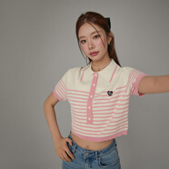 CHUU條紋短袖針織衫女2025夏季新品甜美減齡洋氣翻領愛心短款上衣 粉條紋 均碼