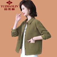 俞兆林（YUZHAOLIN）媽媽秋裝薄款外套中年女士短款襯衫中老年女春秋開衫休閑長(zhǎng)袖上衣 卡其色 2XL 110-125斤