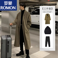 羅蒙（ROMON）中長款風(fēng)衣男秋冬季過膝英倫風(fēng)毛呢大衣休閑套裝加厚仿仿羊絨 咖色毛呢大衣+毛衣+西裝褲【三件 L