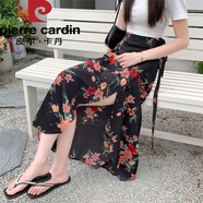 皮爾卡丹夏季新款一片式半身裙女夏波西米亞淑女一步裙印花開衩包臀裙 黑底紅粉百合 均碼 135斤內(nèi)可穿
