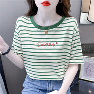 以純 YISHION時尚刺繡條紋短袖t恤女純棉女裝夏裝2025年新款韓版潮ins圓領上衣 2024#綠色條紋 S 適合80-99斤