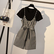 風(fēng)曉薇夏季套裝背帶褲女學(xué)生韓版寬松格子吊帶高腰連體褲闊腿短褲春秋 黑色T恤+黑格背帶褲 S (75-90斤)