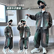 THINKPIRE加絨童裝男童套裝秋冬季兒童牛仔衣服中大童男孩外套褲子兩件套厚 XY289彩噴牛仔-黑灰 110 碼建議身高100CM