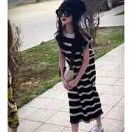 費魚(yú)3-14歲女童針織無(wú)袖連衣裙春季2024夏裝女大童條紋中長(cháng)款背心裙 條紋冰絲長(cháng)裙 130 碼 建議身高1米25左右