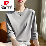 皮爾卡丹絲光棉七分袖t恤女2025新款夏季高等純棉短袖圓領(lǐng)寬松正肩白T恤 灰色【圓七分袖】 M
