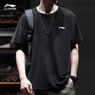 李寧短袖t恤男春夏情侶裝圓領(lǐng)潮流寬松體恤女純棉跑步上衣休閑文化衫 黑色【冰絲速干】 L /175