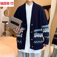 駱森馳（LUOSENCHI）新年戰(zhàn)袍針織外套男春秋男士開衫毛衣冬季拼色慵懶寬松針織衫線衣 藏青色. XL