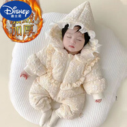 迪士尼（Disney）新生嬰兒拜年服冬裝女寶寶連體衣冬季新年裝衣服過年保暖加厚紅色 黃色【蕾絲帽子加厚加棉】連體衣 66 碼