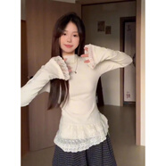 燦圖純欲蕾絲半高領(lǐng)長(cháng)袖T恤女秋冬季小香風(fēng)修身顯瘦德絨打底衫上衣服 米白色 M