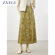 ZXEGI春裝新款好品質(zhì)絲絨半身裙女國(guó)風(fēng)潮流竹韻壓花光澤感半裙 黃綠色 M