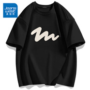 真維斯（Jeanswest）300g重磅純棉短袖t恤夏季圓領(lǐng)五分袖寬松百搭打底衫男女基礎款tee 黑色(波浪筆繪中標) L (175) (體重130-150斤)