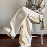 衣然呈品彩繪彎刀牛仔褲男春秋美式潮牌痞帥設計感闊腿寬松直筒休閑褲子男 杏色 M 【建議105-120斤】