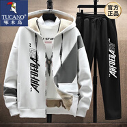 啄木鳥（TUCANO）休閑衛(wèi)衣套裝男春秋季潮牌韓版外套開衫青少年一套穿搭配衣服男裝 TZ832白色兩件套 加絨 4XL 【180-200斤】