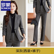 羅蒙（ROMON）淺咖毛呢西裝外套女秋冬2025新款高端氣質(zhì)小個子職業(yè)厚款西服套裝 深灰色(西裝+褲子) 2XL