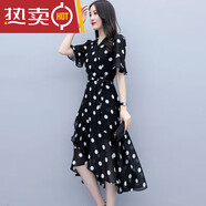 榮西圖（RONGXITU）連衣裙春夏季新款女裝收腰顯瘦氣質(zhì)輕熟風(fēng)紅色波點(diǎn)雪紡裙子顯瘦 黑色 XL 建議120-135斤