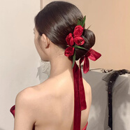海伊朵絨花新娘套裝玫瑰花苞簡(jiǎn)約氣質(zhì)結(jié)婚禮服發(fā)飾紅色新娘敬酒服頭飾 新娘絨布紅花【發(fā)帶+四支8朵花】