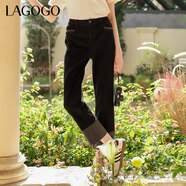 LAGOGO黑色高腰卷邊牛仔褲女拉谷谷2024年春季新款修身直筒褲子 黑色(W1) M