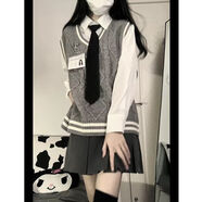 企邁JK制服學(xué)院女套裝英倫風(fēng)毛衣三件套裝日系學(xué)院風(fēng)jk領(lǐng)帶襯衫+V領(lǐng)麻 馬甲+襯衫+領(lǐng)帶+黑色裙【套裝】 M 建議90-100斤