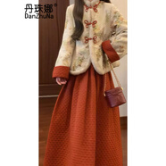 丹珠娜（DanZhuNa）新年戰(zhàn)袍新中式連衣裙2025年秋冬新款旗袍改良羊羔絨馬甲國(guó)風(fēng)套裝 9575上衣+紅色傘裙 M