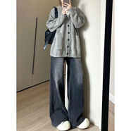 趣米樂(lè)美式潮流闊腿牛仔褲女春夏季新款小個(gè)子高腰顯瘦寬松垂感直筒褲子 黑灰色 L