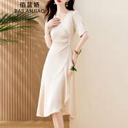 佰藍嬌法式紅色連衣裙女夏季2025新款高級感氣質(zhì)遮肚子顯瘦魚(yú)尾裙子夏天 杏色 2XL （ 建議125-140斤）