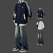 開衫衛(wèi)衣男士休閑運(yùn)動(dòng)套裝春秋季新款一套學(xué)生搭配帥氣衣服 藏青色+白長T+J50牛仔褲藍(lán) S